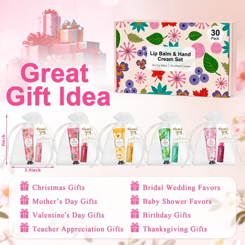 120PCS Bulk Gifts For Women, Lip Balm Bulk and Hand Cream Gift Set with Organza Bags, Thank You Cards, Party Favors For Bridal Wedding, Baby Shower, Christmas Gift Stocking Stuffers