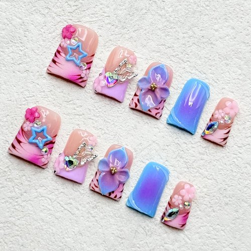 Thick Press on Nails Handmade Medium Duck Nails Pink Fake Nails 3D Flower Art False Nail with Gems Design Luxury Rhinestone Nature Reusable Acrylic Nail for Wome (Size M)