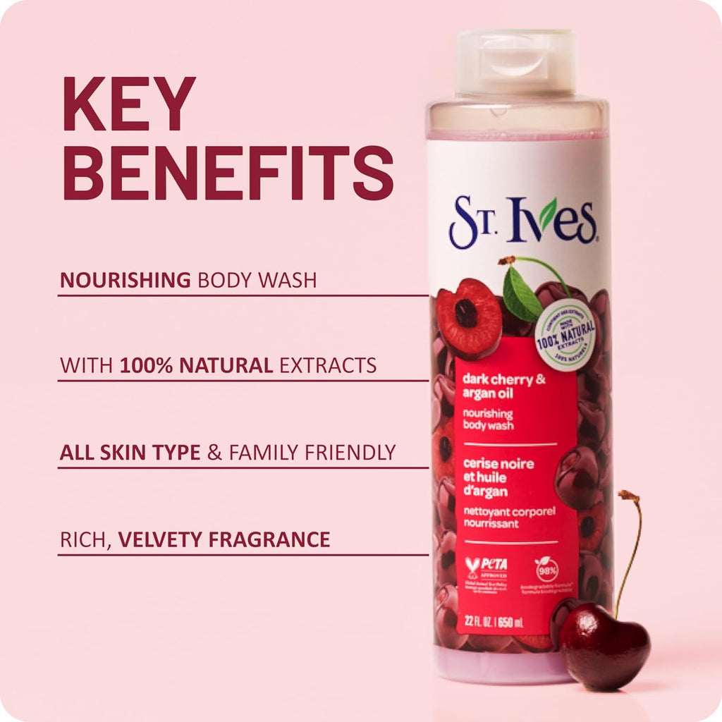 St. Ives Body Wash - Dark Cherry & Argan Oil | Nourishing Daily Shower Gel, 22oz