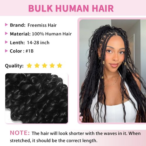 Human Braiding Hair for Boho Braids 100g 18 Inch Water Wave Bulk Human Hair for Braiding Knotless 100% Unprocessed 12A Brazilian Virgin Hair Extensions 2 Bundles/Pack Natural Color