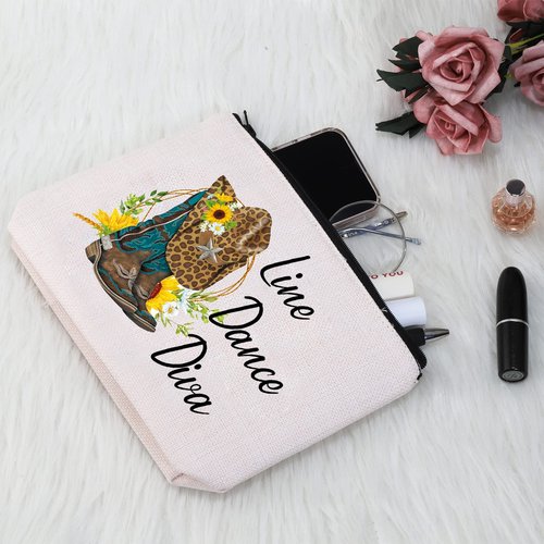 G2TUP Line Dance Gift Line Dance Diva Makeup Bag Western Country Music Dancing Dancer Cosmetic Bag Country Music Lover Gift Zipper Travel Bag (Line Dance Diva White Bag 2.0)