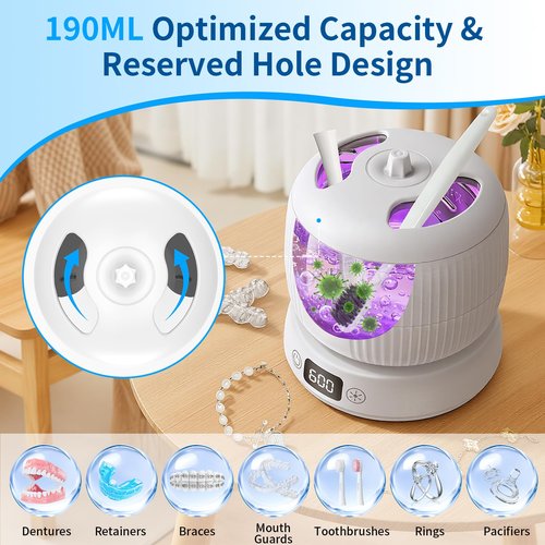 2025 Upgraded Ultrasonic Retainer Cleaner Machine,Separate Retainer Cleaner for Night Guards, Braces, Aligner, Jewelry, 4 Modes Denture Cleaner & Removable Base and Top Cover(White)