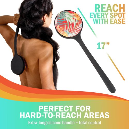 Skiennix Self Tanning Lotion Applicator - 17" Ergonomic Silicone Handle for Easy Application | Includes Exfoliating Pad
