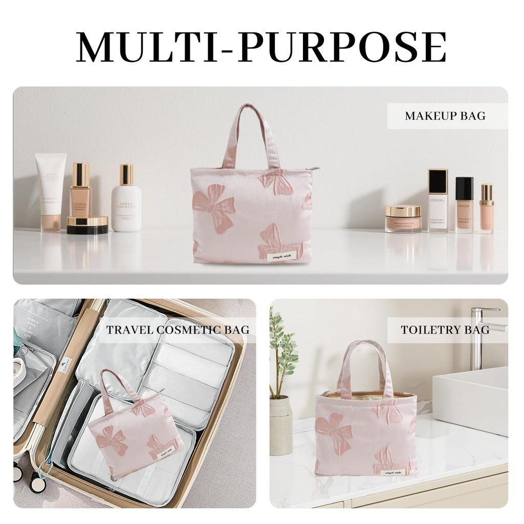 Wudygirl Bow Makeup Bag Travel Cosmetic Bag for Women Small Makeup Pouch with Handle Zipper Cosmetic Pouch Handbag Aesthetic (Pink Bow)