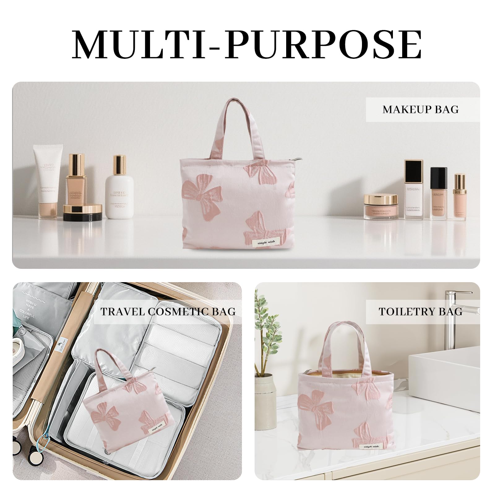 Wudygirl Bow Makeup Bag Travel Cosmetic Bag for Women Small Makeup Pouch with Handle Zipper Cosmetic Pouch Handbag Aesthetic (Pink Bow)