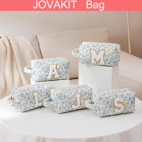 JOVAKIT Alphabet Makeup Bag Cosmetic Bag with handle for Women, Christmas Gifts for Girls Age 3-16, Floral Flowers Coquette Travel Toiletry Bag, Zipper Make Up Pouch Organizer Bag (Blue Floral M)