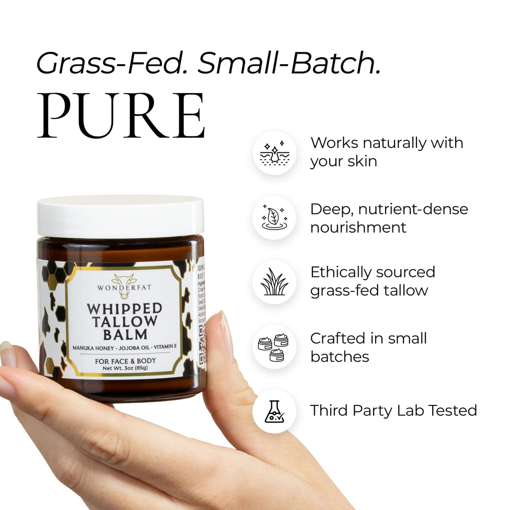 Wonderfat Grass-Fed Whipped Tallow Balm, Face and Body Moisturizer with Manuka Honey, Fragrance Free Tallow Moisturizer for Sensitive Skin, Lightweight Tallow Cream, 3 oz