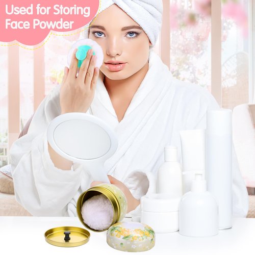 3 Pieces Body Powder Puff and Container, Baby Powder Container Floral Pattern with Large Fluffy Plush Puff Spoon, Baby Woman Loose Dusting Powder Tea Box for Home & Travel Use (Pink, Blue and Yellow)
