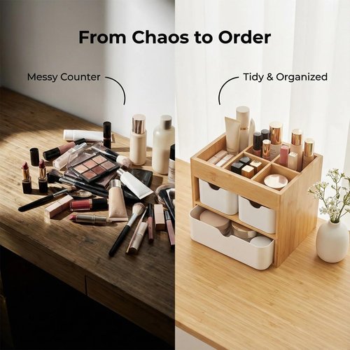 Ninebendstreams Bamboo Makeup Organizer with 3 Drawers, Dresser Cosmetic Organizer Box,Bamboo Desk Organizer for Home with Adjustable Dividers