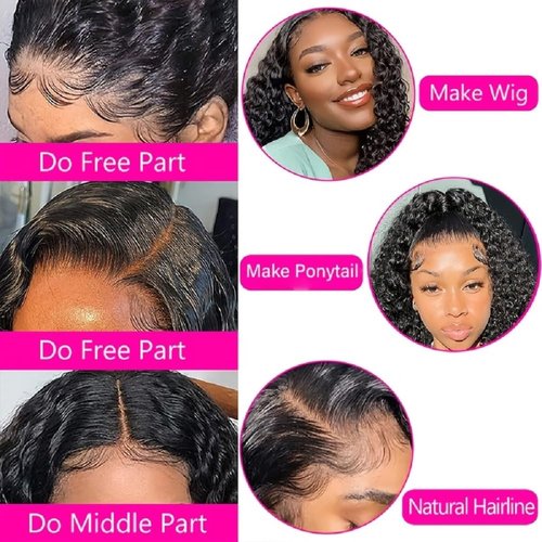 13x4 HD Lace Frontal Closure Deep Wave 16 Inch Ear To Ear Frontal Free Part Closure with Baby Hair Brazilian Virgin Curly Human Hair for Women Pre Plucked Frontals Closure Natural Black