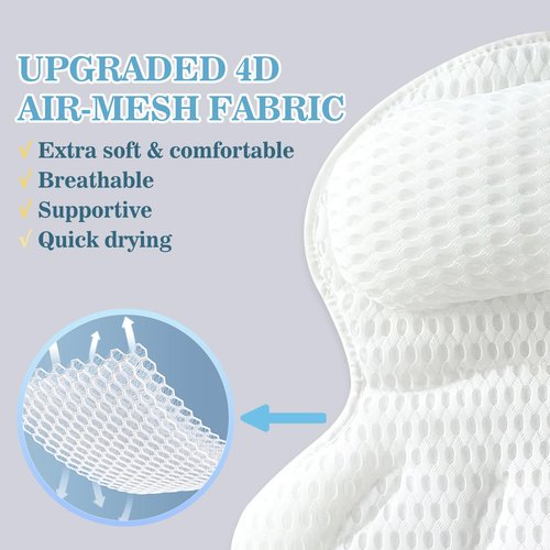 Bath Pillow Luxury Bathtub Pillow - Bath Pillows for Tub Neck and Back Support, Ergonomic Tub Pillow for Bath with 4D Air Mesh + 6 Strong Suction Cups, Great Spa Gifts Bathtub Accessories
