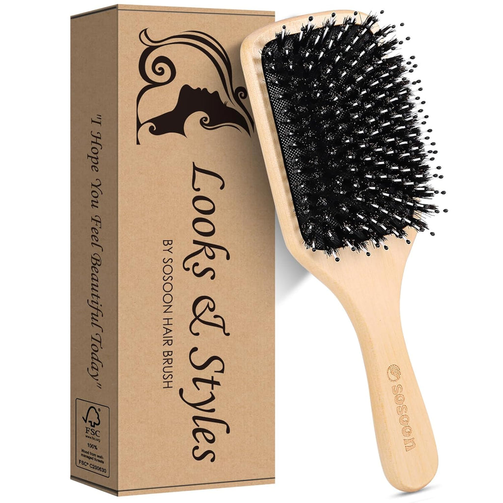 Sosoon Boar Bristle Paddle Hair Brush - Tangle-Free Styling for All Hair Types | Gift Box & Tail Comb Included