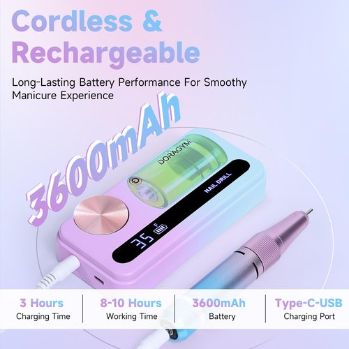 Nail Drill Professional, 35000RPM Electric Nail File Rechargeable, Portable Nail Drill Cordless Kit Efile for Acrylic Nails, Nail Dremel Manicure Perdicure for Salon & Home Use (Gradient)