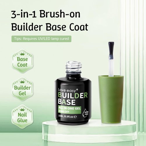 Love easy 6-in-1 Builder Gel for Nails, Brush on Crystal Clear Base Coat Soft Gel Polish Strengthening Building Apex Extension Thickening Enhancement for Home DIY Beginner Salon Manicure(U V Curing)