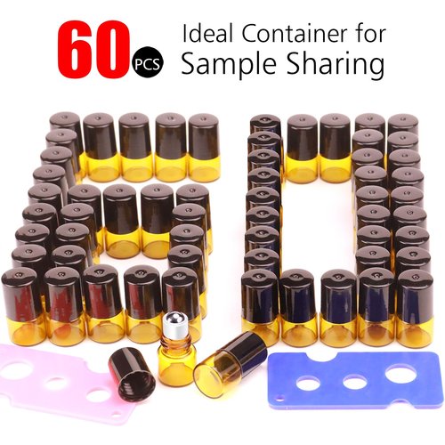 Matifaner 60 Pack 2ml Amber Glass Roll on Bottle For Essential Oils,Perfume Vial with Stainless Steel Roller Ball,Black Caps Mini Sample Vials Cosmetics Small Container