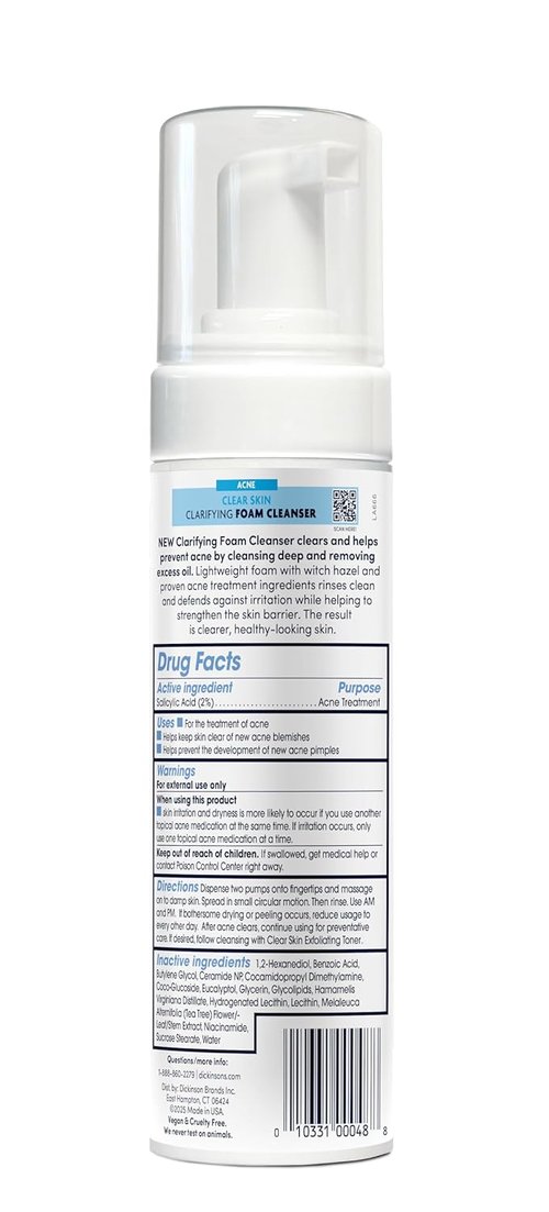 Dickinson’s Witch Hazel Acne Foam Cleanser - 2% Salicylic Acid & Niacinamide | Alcohol-Free, 7 Fl Oz