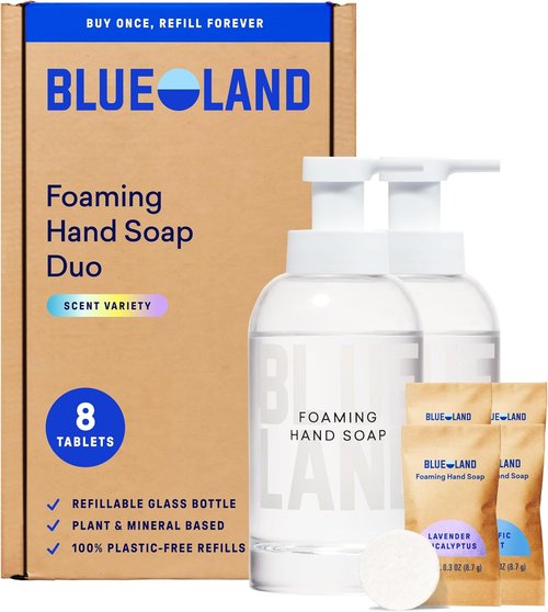 BLUELAND Hand Soap Duo - 2 Refillable Glass Foaming Dispensers with 8 Variety Scent Tablets | 8 x 9 Fl Oz