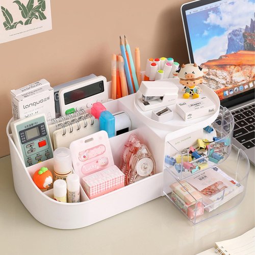 POFUOT skin care organizer,Makeup Desk Organizer With Drawers,Countertop Organizer for Cosmetics,Vanity brush with Holder for Lipstick, Brushes, Eyeshadow, and Desktop Finishing Dresser (D-White)