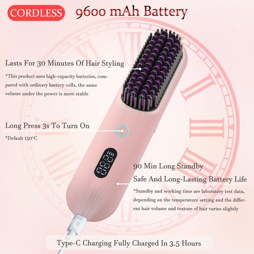 Cordless Hair Straightener Brush Portable Straightener Styling Comb for Travel Mini Lightweight 9600mAh Battery, 9 Temp Settings & Anti-Scald Christmas Valentine's Day Gift