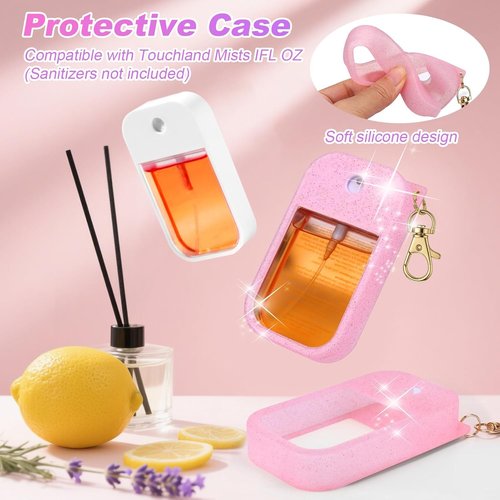 LEISENOR Silicone Case Compatible with Touchland Hand Sanitizer Spray, Protective Case for Power Mist and Glow Mist 1 fl oz (Glitter pink+white)