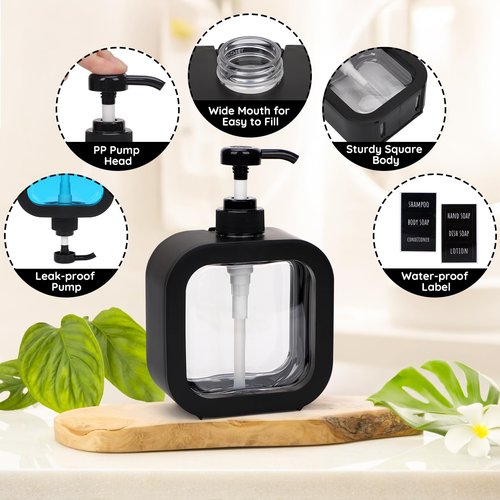 Segbeauty 16.9oz Hand Soap Dispenser, 500ml Leak-Proof Liquid Soap Dispenser for Bathroom, Black Modern Dish Soap Dispensers for Kitchen Sink, Refillable Plastic Pump Bottle with Waterproof Labels