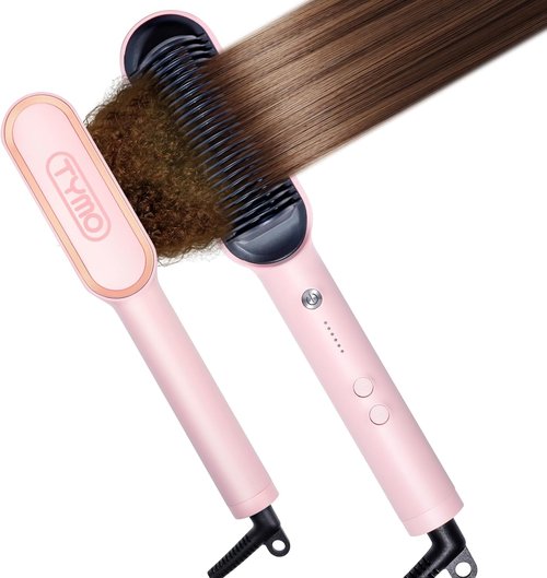 TYMO Ring Hair Straightener Brush - Fast Heating Hair Straightening Iron with Comb, 5 Temp Settings | Sakura Pink