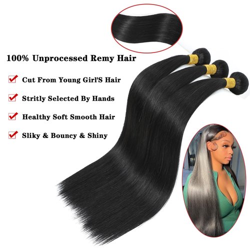 NROOEAY Straight Bundles Human Hair 20 inch 100% Unprocessed Brazilian Straight Hair Bundles 12A Remy Virgin Retain the Intact Cuticle, Long Lifespan