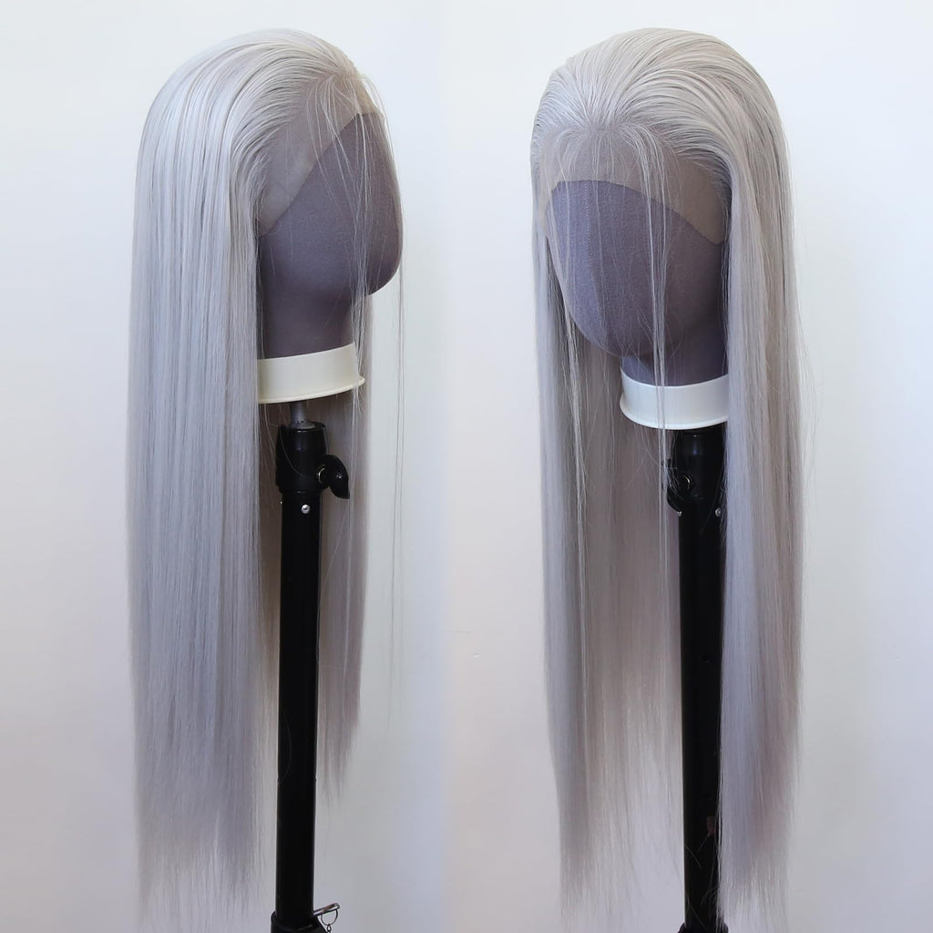 Zigzag Hair Lace Front Wigs - Long Straight Synthetic Pre Plucked with Natural Hairline, Heat Resistant, Glueless Silver Synthetic Lace Wig