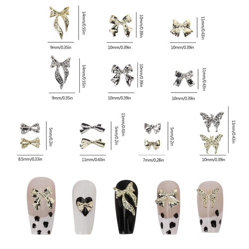 70Pcs Bow Nail Charms,Silver Gold Nail Art Charms Bows Nail Gem Stones,3D Metal Alloy Bowknots Butterfly Charms for Nails, Small Nail Jewels Jewelry Decoration Stuff Supplies for Craft DIY