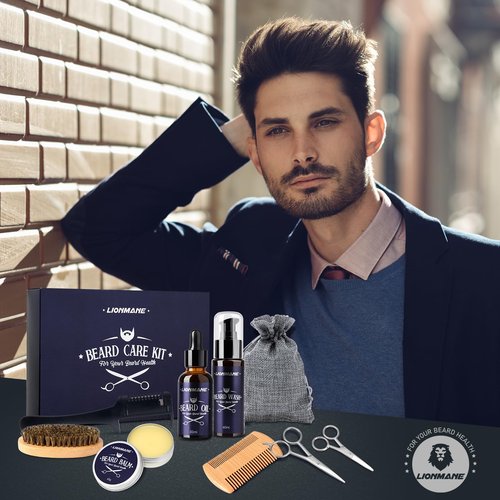 Lionmane Valentine's Day Beard Care Gifts Kit for Men, Beard Mustache Grooming Kit -Beard Balm, Beard Wash, Beard Oil, Brush, Scissors, Birthday Anniversary Daily Gifts for Husband/Boyfriend/Dad/Him