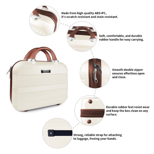 GigabitBest 14" Portable Hard Shell Makeup Travel Case - Stylish PC+ABS Cosmetic Organizer for Women - Scratch-Resistant, Elastic Strap, Mini Suitcase - Perfect for Romantic Gifts（Light Brown）