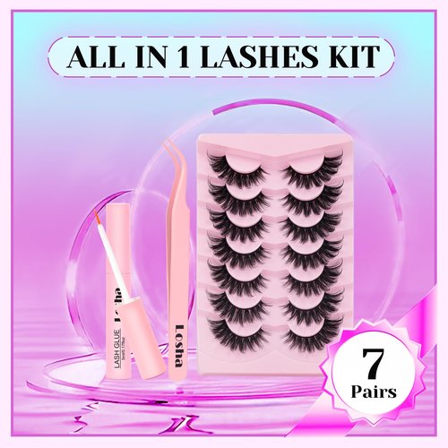 Losha Lashes Fluffy Volume False Eyelashes 7 Pairs Cat Eye Lashes Kit with Lash Glue and Lash Tweezers 6D Vegan Fake Eyelashes that Look Like Lash Extensions (PL008)