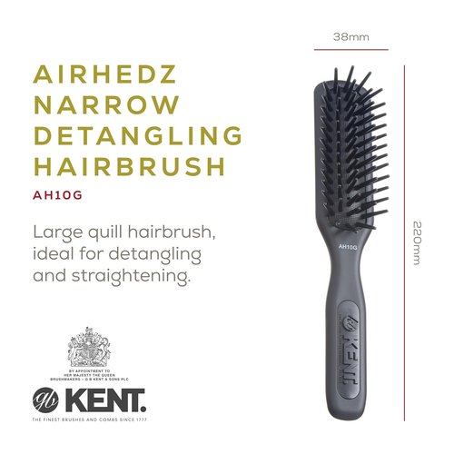 Kent AH10G Airhedz Pro Narrow Pin Hair Brush - Detangles Long, Thick & Curly Hair | Scalp Massager in Grey