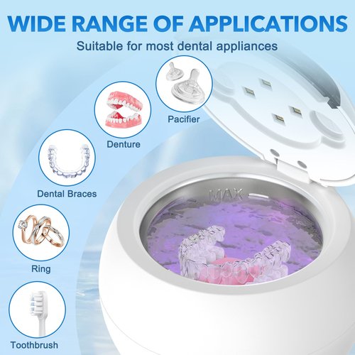 SAYCLO Dental Ultrasonic Retainer Cleaner - 48kHz Dental Cleaning Pod for Denture, Braces, Mouth Guard, Toothbrush Heads, Jewelry, 4 Modes Retainer Cleaner Machine with Digital Timer & 200ML,White