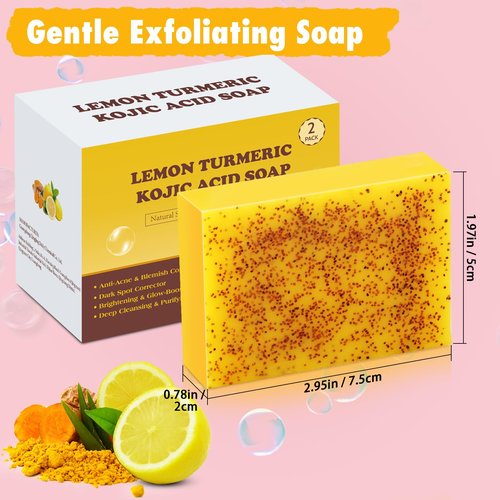 Urrznp Lemon Turmeric Kojic Acid Soap Bar, Turmeric Soap Bar with Vitamin E for Dry Sensitive Skin, Lemon Soap for Face, Body Hands 2 Bars