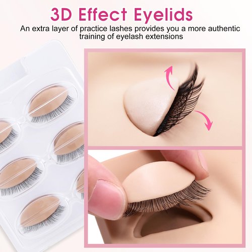Miuffue 6 Pairs 2 Layers Eyelash Practice Eyelids for Mannequin Head, Silicone Rubber Removable Realistic Eyelash Extension Eyelids for Lash Training