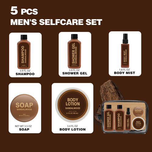 Skiennix Sandalwood Gift Set - 6 Travel Size Toiletries for Men | Shampoo, Shower Gel, Soap & Lotion