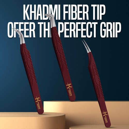 Eyelash Extension Tweezers, KHADMI IMPEX Fiber Tip Lash Tweezers - Set of 3 Eyelash Tweezers - Straight and Curved And Volume Eye Lash Tweezers for Extensions (Maroon)