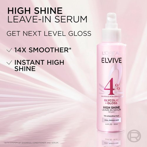 L'Oreal Paris Elvive Glycolic + Gloss Leave-In Hair Serum - Smooth Dull Hair to High-Shine | 4.4 Fl Oz