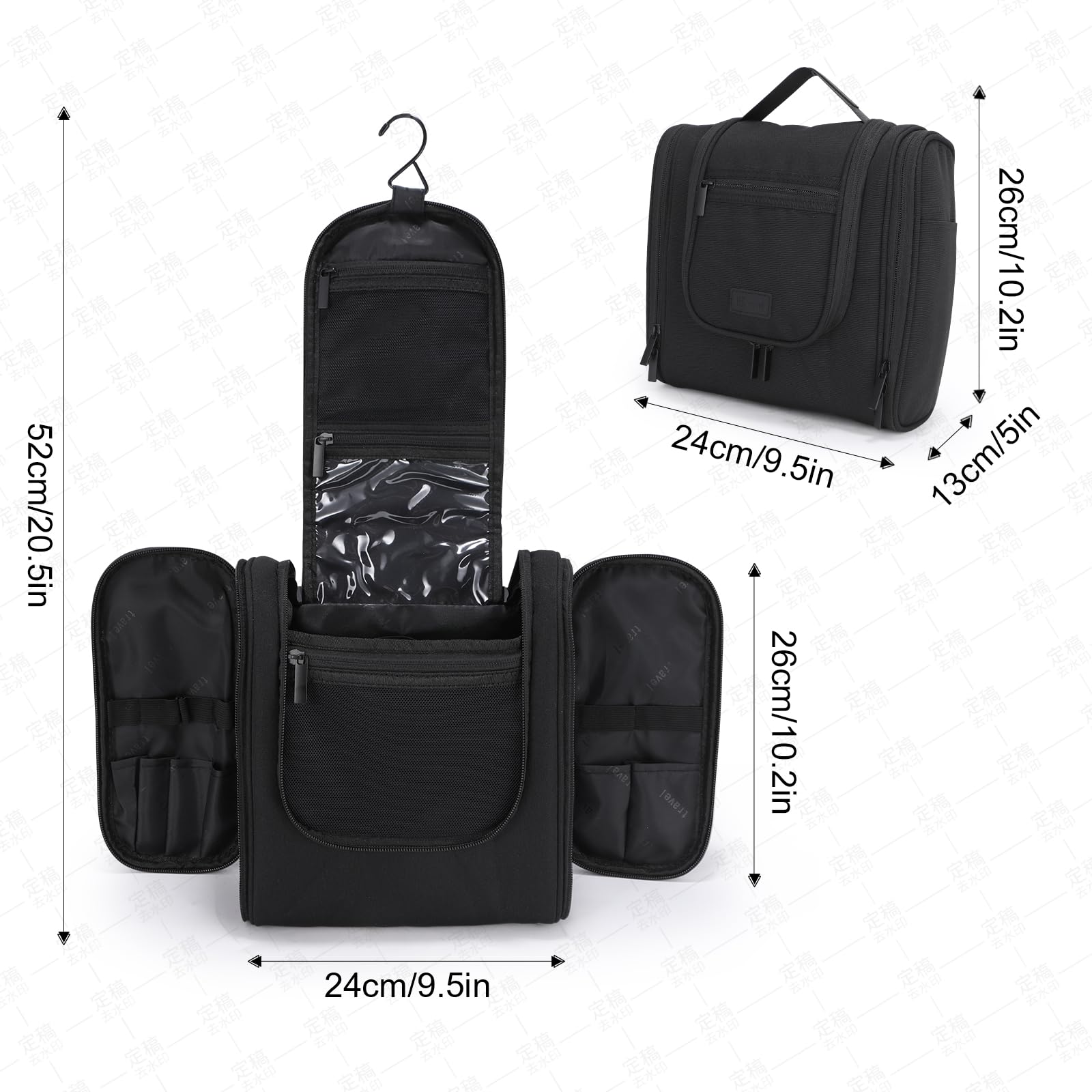 WIBKAE Hanging Toiletry Bag with Hook, Travel Cosmetic Makeup Bag Organizer for Accessories, Shampoo, Shaving Bag for Toiletries Accessories,Travel Essentials Kit (Black)