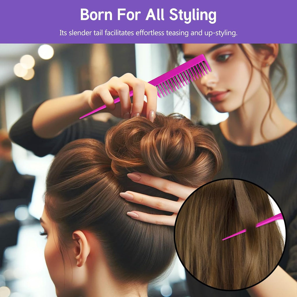 Teasing Comb Set by Professional - 3 Pack Tail Combs for Root Teasing & Volume - 8.15 Inches, Black, Magenta & Purple