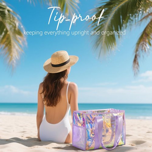 Bagstellar Iridescent Beach Tote Bag - Large Waterproof & Sandproof with Makeup Pouch | Adjustable Strap, Packable Travel Essential for Women