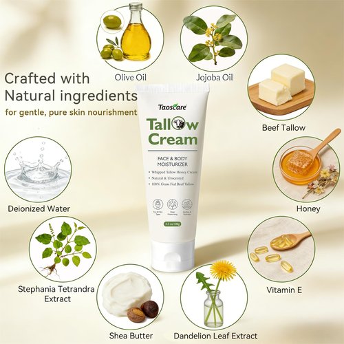 Taoscare Beef Tallow for Skin, 100% Grass-Fed Whipped Tallow Balm – Organic Moisturizer for Face & Body – Deep Hydration for Dry & Sensitive Skin – Natural Tallow Cream