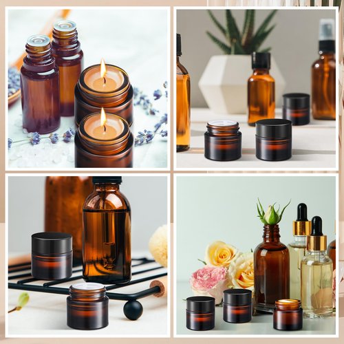 Norme 140 Pack 10ml Glass Cosmetic Jars with Lids, Refillable Sample Containers for Lip Balm, Cream, Lotion, Travel Size, Inner Liner, Wide Mouth(Amber)