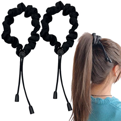 Skiennix Satin Hair Ties - Adjustable No-Damage Scrunchies for Thick Curly Hair | 2 Pcs Black Set