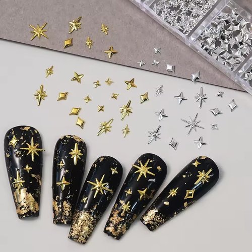SILPECWEE 4000Pcs/4 Boxes 3d Metal Nail Art Studs Gold And Silver Nail Charms Rhinestones, Star Moon Ocean Theme Nails Design Rivet Stud Gem Jewelry Decoration Manicure Supplies