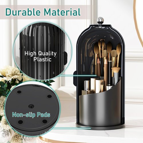 GAXmi Makeup Brush Holder with Lid Cosmetic Tools Organizer 360 Rotating Waterproof Dustproof Beauty Brushes Storage for Vanity, Dark Black