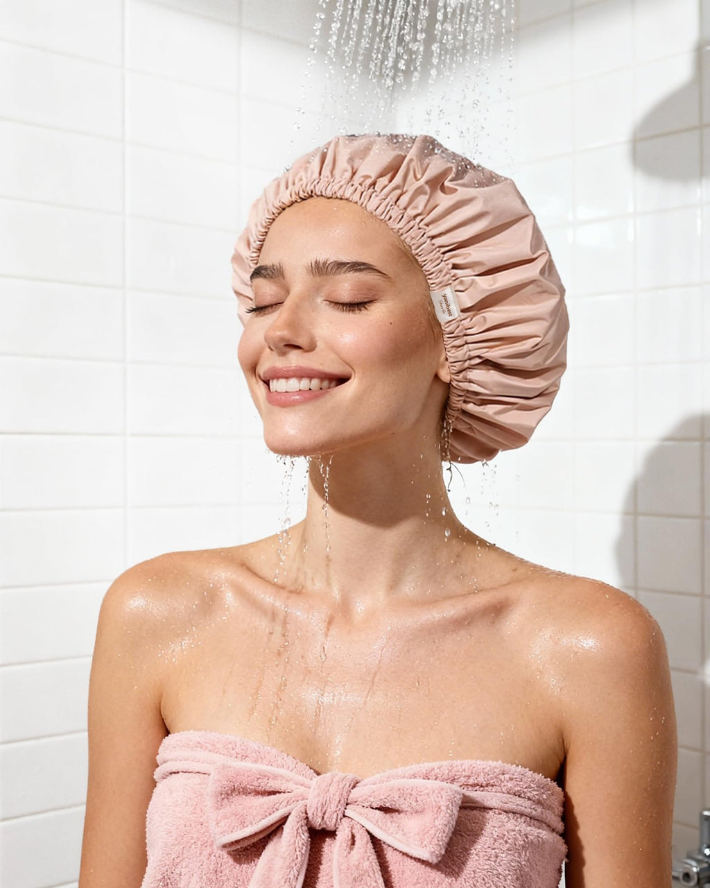 Yanibest Shower Cap for Women Reusable Waterproof,Satin Lined Bath Cap with Soft Elastic Band,Large Washable Hair Caps for Shower