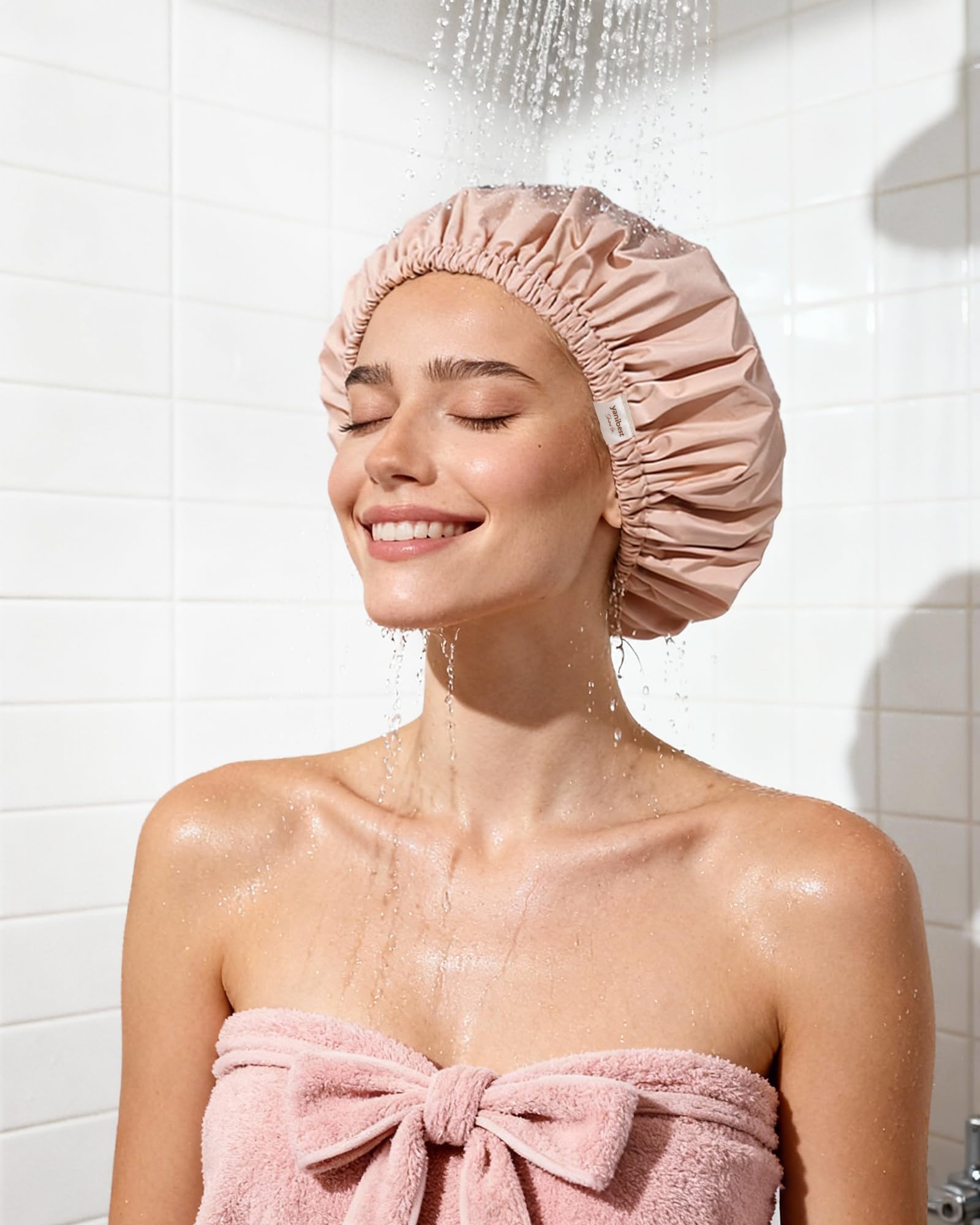 Yanibest Shower Cap for Women Reusable Waterproof,Satin Lined Bath Cap with Soft Elastic Band,Large Washable Hair Caps for Shower
