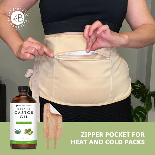 Kate Blanc Cosmetics Castor Oil Pack Wrap for Stomach & Belly (16oz Glass Bottle) Moisturize Body & Skin. Reusable, Adjustable, Comfortable Fit.